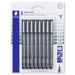 Staedtler Pigment Liner 308-9SBK8, Assorted Tips, Black Ink, 8-Pen Set