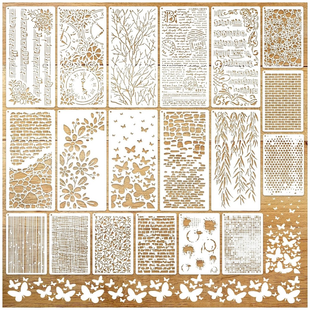 19pcs Stencils for Crafts Reusable Musical Notes Brick Branches Floral Textur…