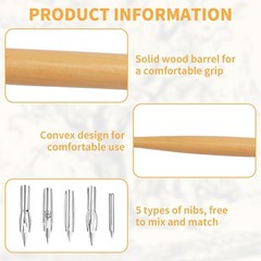 11Pc Dip Pen Nib Set with Wooden Holder, Stainless Steel G-Pen Comic Drawing Nib
