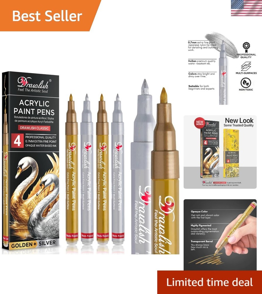 Acrylic Paint Pens Set 4Pcs Gold Silver 0.7mm Fine Tip Permanent Art Markers