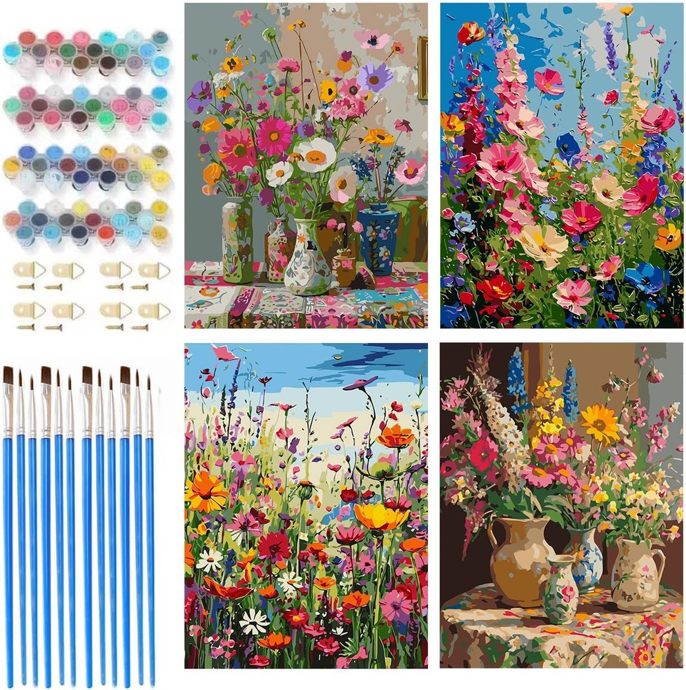 4 Packs Paint by Numbers Kit for Adults – Adult Paint by Number Kits, Flowers Pa