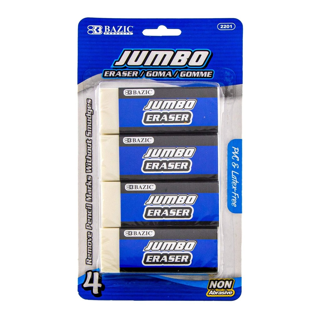 BAZIC Jumbo Vinyl Eraser (4/Pack),Latex Free,White Large Size Bulk Block Erasers