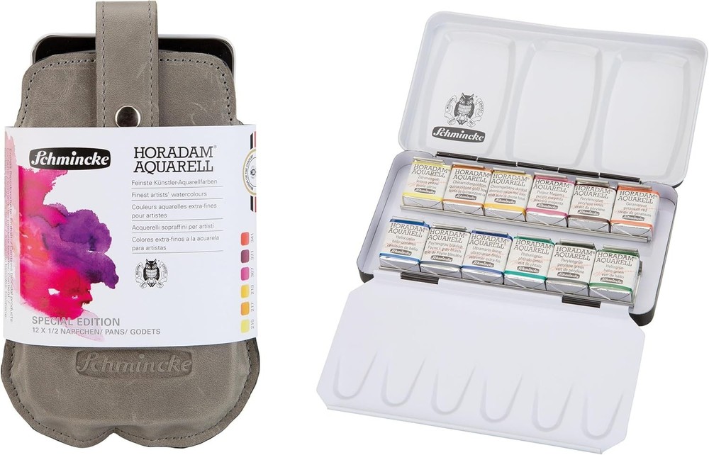 Schmincke Horadam Aquarell Watercolour Set of 12 Half Pans with Leather Pouch