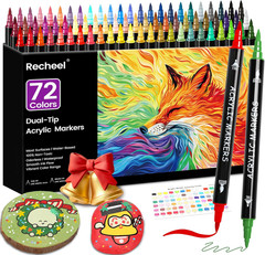 72 Colors Acrylic Paint Markers, Dual Tip w/ Fine Tip & Brush Tip Pens for Stone