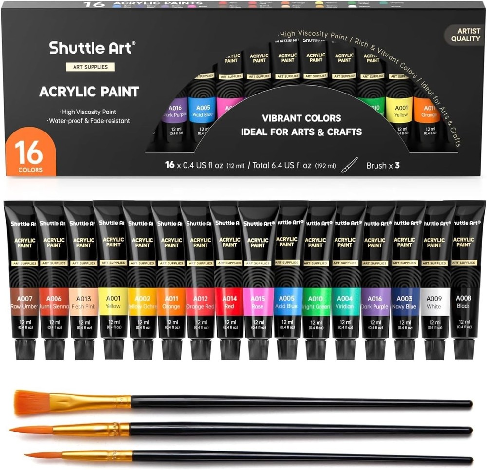 Acrylic Paint Set, 16 x12ml Tubes Artist Quality Non Toxic Rich Pigments Colo…