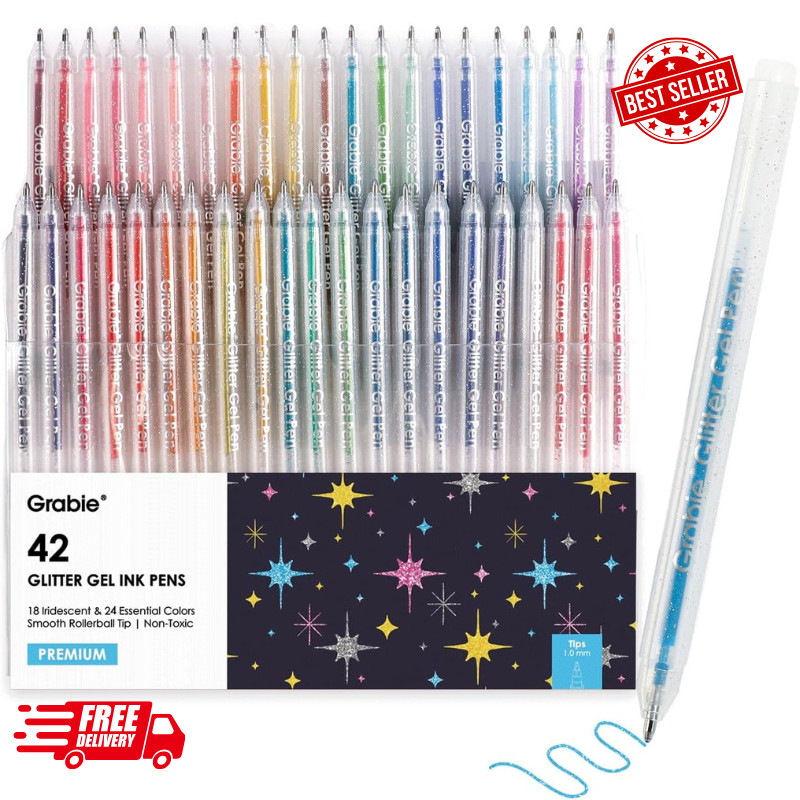 Grabie 42 Glitter Gel Pen Set, 18 Iridescent24 Essential Color Pens, Smooth R…