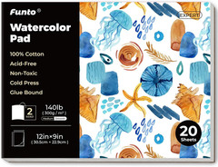 Watercolor Pad, 12×9″, 20 Sheets, 140lb/300gsm, 100% Cotton, Cold Press, Glue Bo