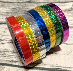 7x Prism TAPES Gold Red Green Blue Silver Pink Holographic Coloured 12mm Twinkle