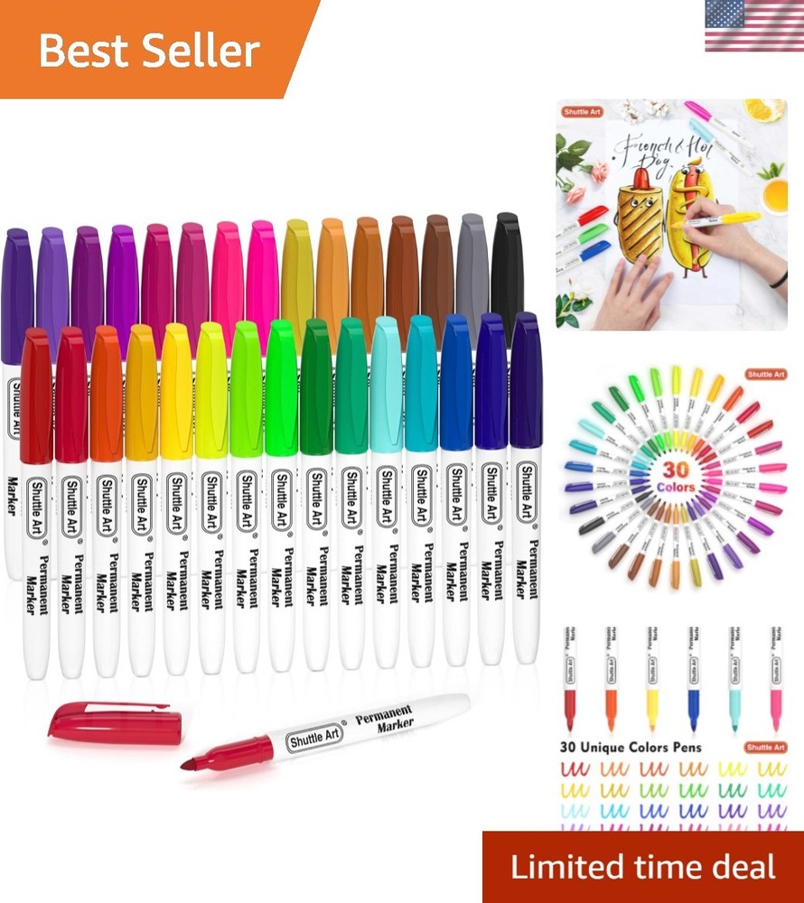 30 Colors Permanent Markers, Fine Point, Assorted Colors, Works on Plastic,Wo…
