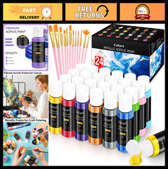 24 Metallic Acrylic Paint Set with 12 Brushes | Non-Toxic Rich Pigments for Art,
