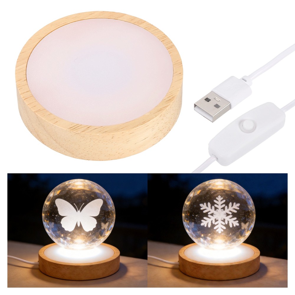 LED Light Base, 3.1″ Wood LED Light Stand for Crystal, Warm Light