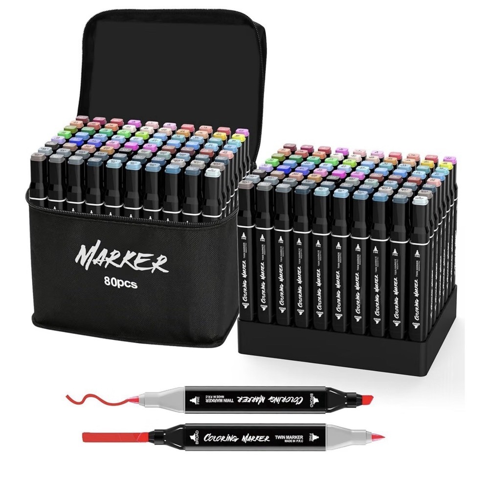 Coloring Marker 80pc Dual Tip Artist Markers Set, Multicolor, Carry Case