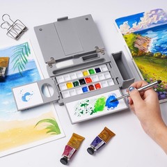 Travel Watercolor Palette Box, All-in-One Portable Watercolor Kit with 24 Emp…