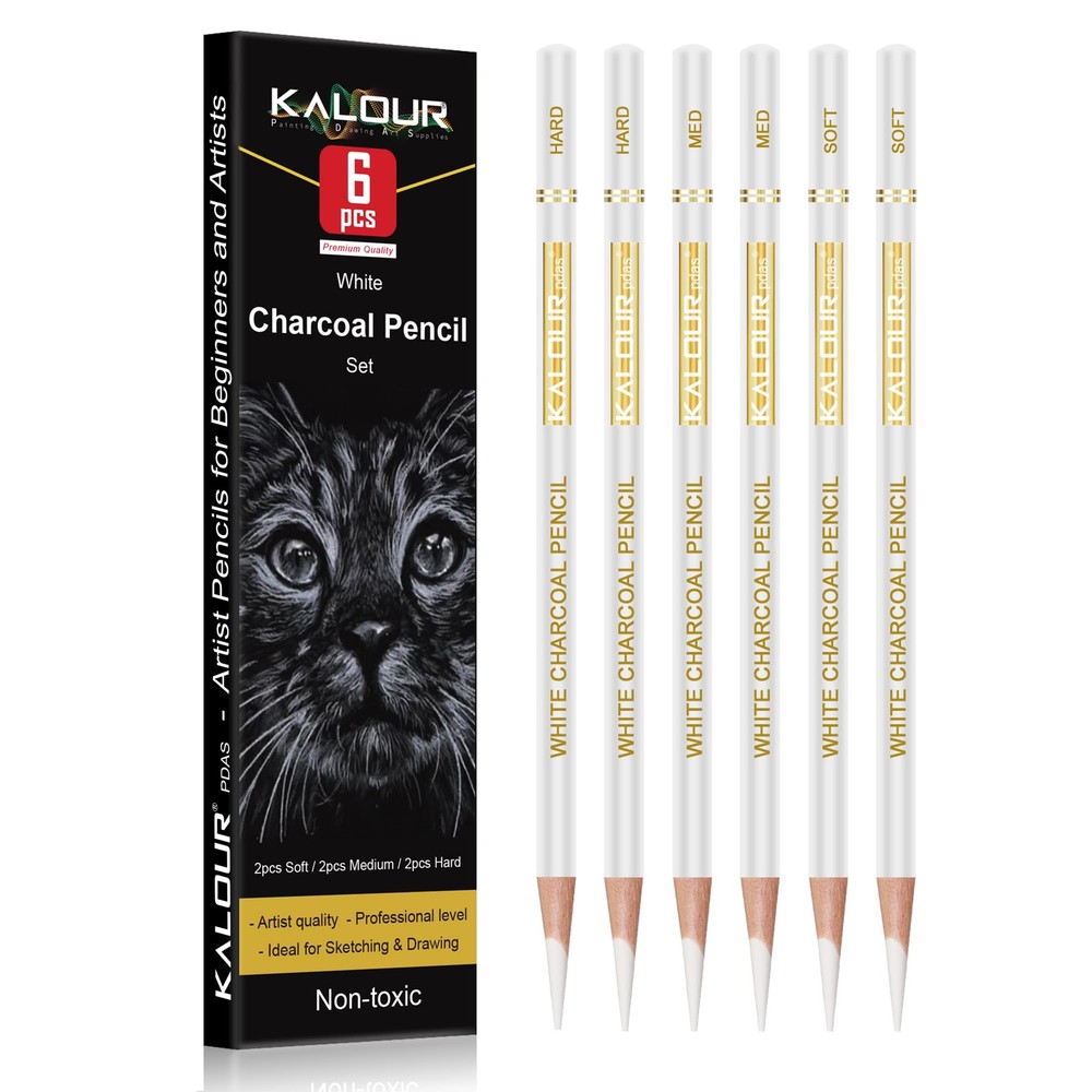 KALOUR White Charcoal Pencils 6PCS Drawing Sketch Set for Shading Blending