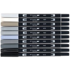 Tombow 56171 Dual Brush Pen Art Markers, Grayscale, 10-Pack. Blendable, Brush