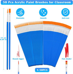 Small Paint Brushes Bulk, 50 Pcs Flat Tip Paint Brushes with round Acrylic Pain