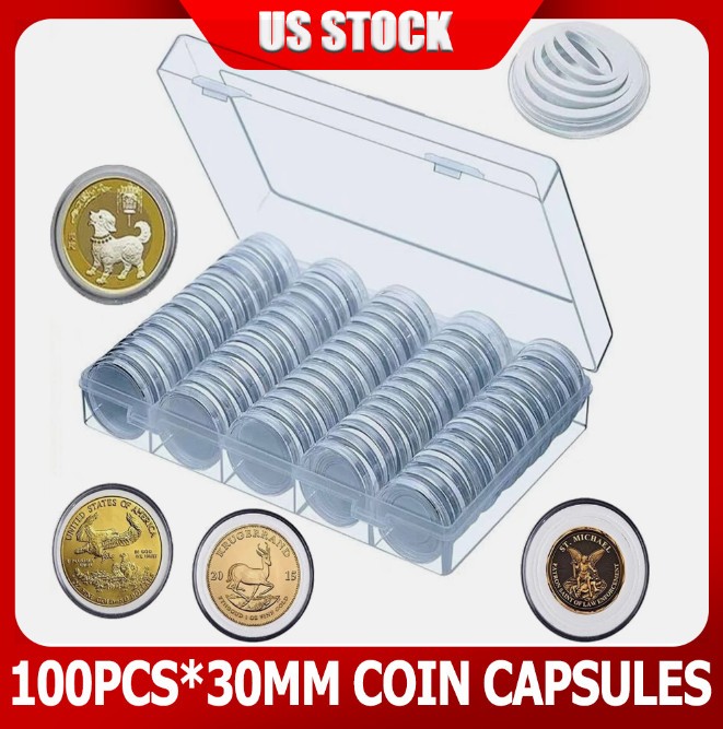 100PCS 30mm Silver Gold Coin Cases Capsules Holder Clear Plastic Round Storage