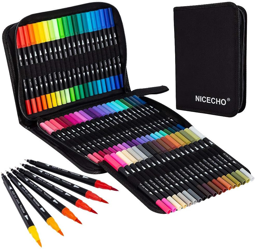 Dual Tip Art Markers 60 Pc Brush & Fineliner Pen Set Coloring Drawing Journal