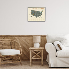 ‘United States National Parks Adventure Map Green Orange’, Framed Giclee Art, Bl