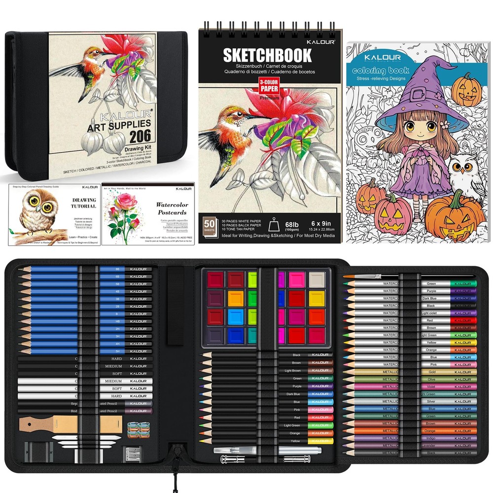 206 PCS Drawing Sketching Kit Art Supplies Sketchbook Colored Pencil Set Adult