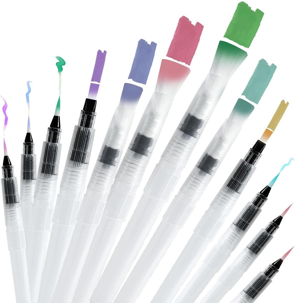 12pcs Watercolor Brush Pens, Premium Leakproof Water Brush Pen with 6 Assorted T