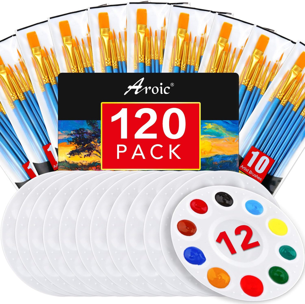 Painting Brush Palette Set, with 12 Packs of 120 Brushes and 12 Palettes,Nylon B