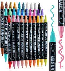 30 Colors Dual Tip Acrylic Paint Markers, Dot & Fine Tip Acrylic Paint Pens for