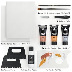 Texture Acrylic Paint Set with Metallic Colors, Canvases, Modeling Paste & Tools