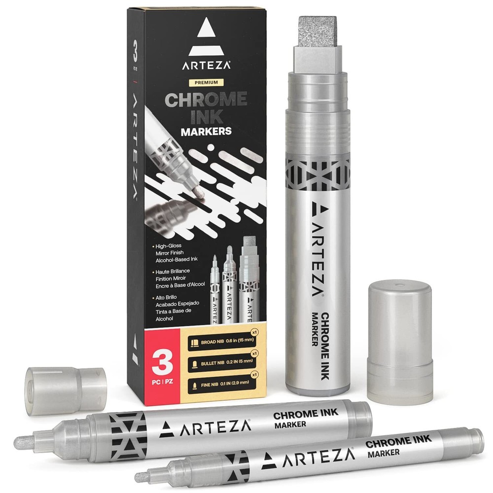 ARTEZA Mirror Chrome Marker Set 3 Pack 2.9mm 5mm & 15mm Nibs Hi-Gloss Silver …