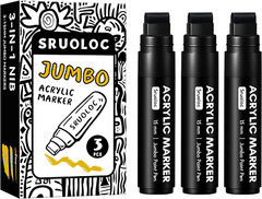 3 Jumbo Permanent Markers Black 15Mm Thick Wide Tip Large Acrylic Paint Marker