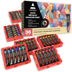 Metallic Gouache Paint, Set of 36, 12Ml/0.4 US Fl Oz Gouache Paint Tubes, Glitte