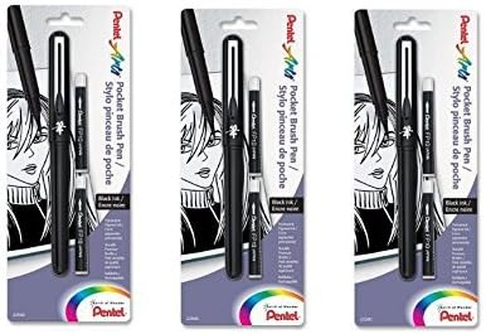 Pentel Arts Pocket Brush Pen, Includes 2 Black Ink Refills (GFKP3BPA) 3 Sets