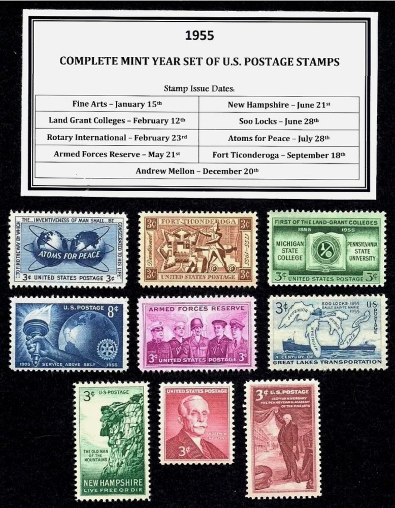 1955 Complete Year Set of Mint Vintage Commemorative U.S. Postage Stamps! MNH
