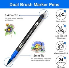 Dual Brush Marker Pens, 24 Colors Art Markers with Fine and Brush Tip Coloring M