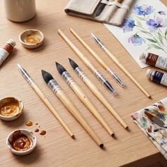 Nylon Watercolor Paint Brushes Set Birch Wood Handles 7 Sizes 7 PCS
