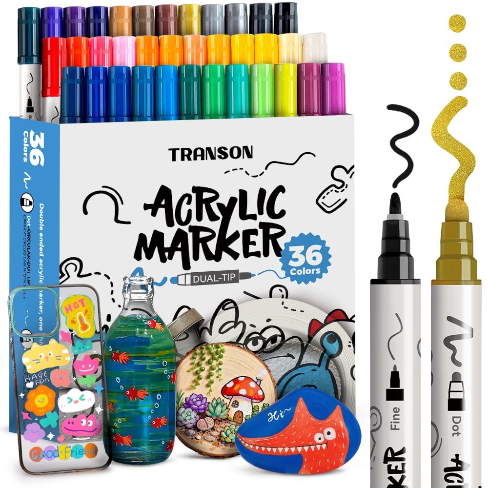 36 Color Bold and Fine Dual-tip Acrylic Paint Pen Set for Canvas Rock Wood Le…
