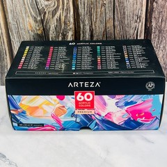 Arteza Acrylic Paint, Set of 60 Colors/Tubes (0.74 oz, 22 ml) with Storage Box