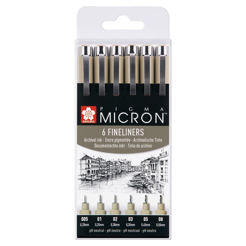 Sakura Pigma Micron Fineliner Set, 0.2 – 0.5mm Nib Width, Set of 6, Black, New