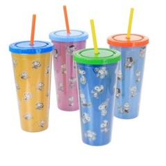 Gibson Peanuts 70th Anniversary 4 Piece Plastic 23.6oz Tumbler set with Lid a…