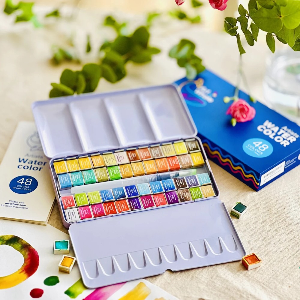 ArtWhale Watercolor Paint Set 48 Colors in Half-Pans + Waterbrush in Tin Box