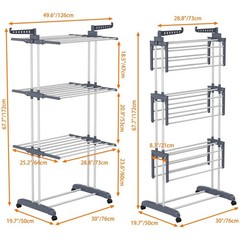 Foldable 4 Tier Stainless Steel Drying Rack with 4 Rolling Wheels 24 Hanging Rod