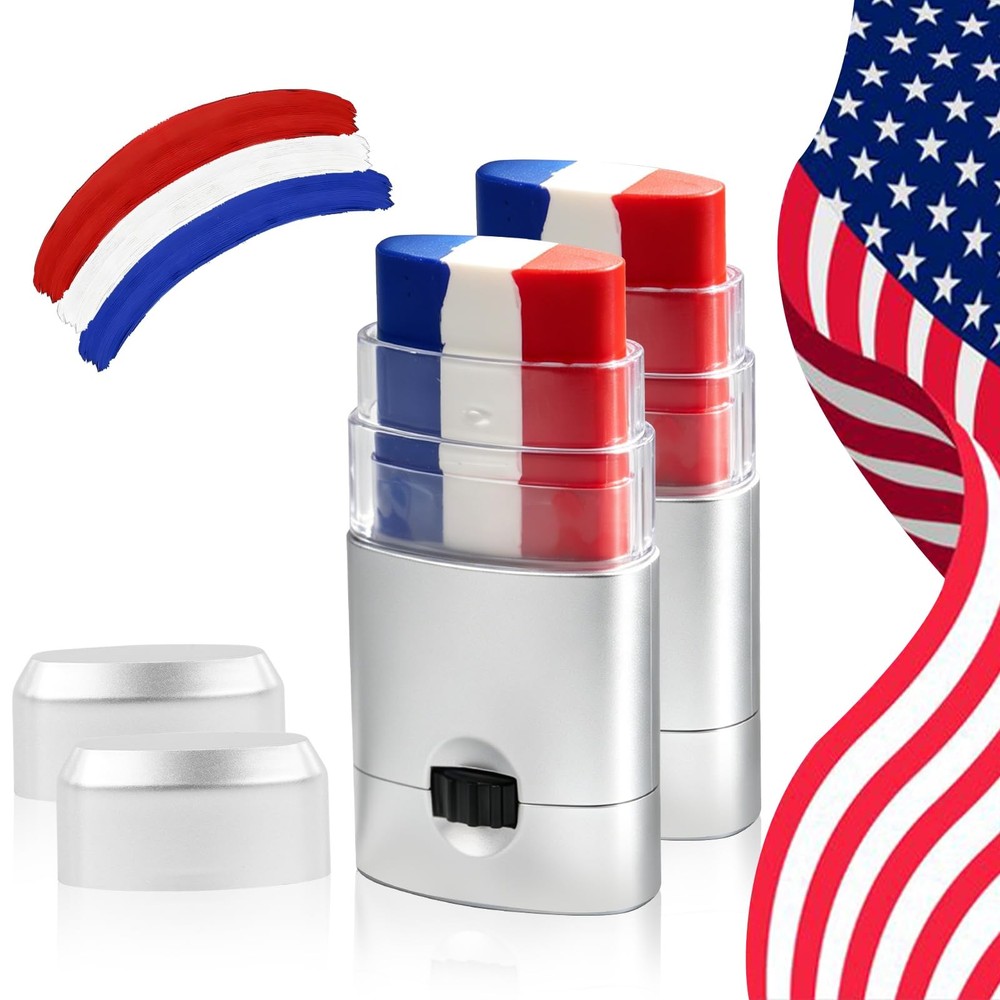 Patriotic Red White Blue Face Paint Stick Makeup for 4th 2 Psc-Silver Housing