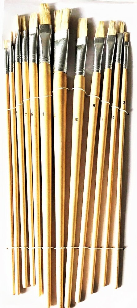 12 FLAT SQUARE TIP 13″ LONG ARTIST PAINT BRUSH BRUSHES SET OIL/WATER BASE PTC579