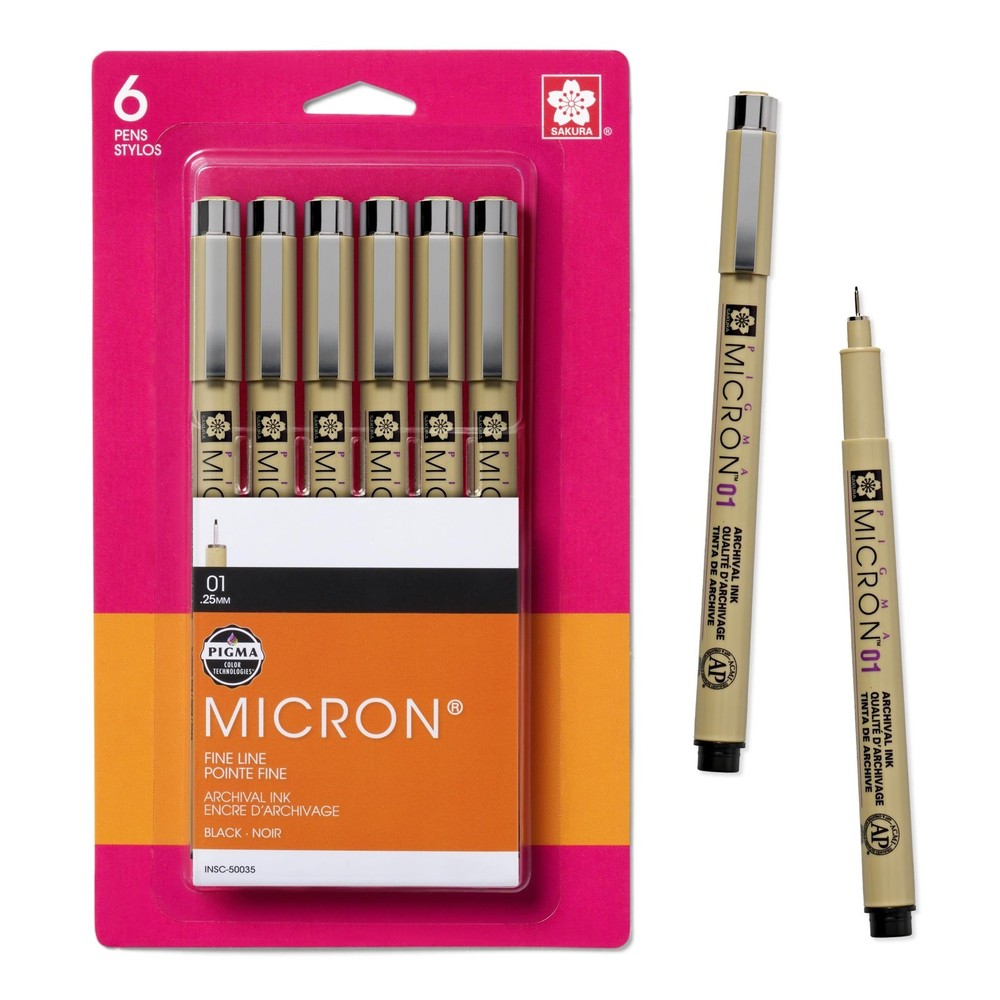 Pigma Micron Fineliner Pens, 01 Tip Size, Archival Black Ink, 6 PK 50035