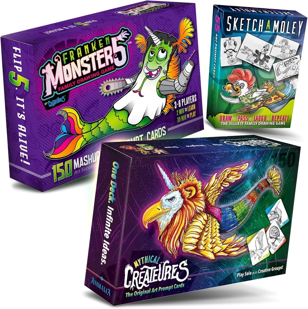 3-Pack Art Prompts Drawing Games Creative Gifts for Kids: Mythical Creatures + 2