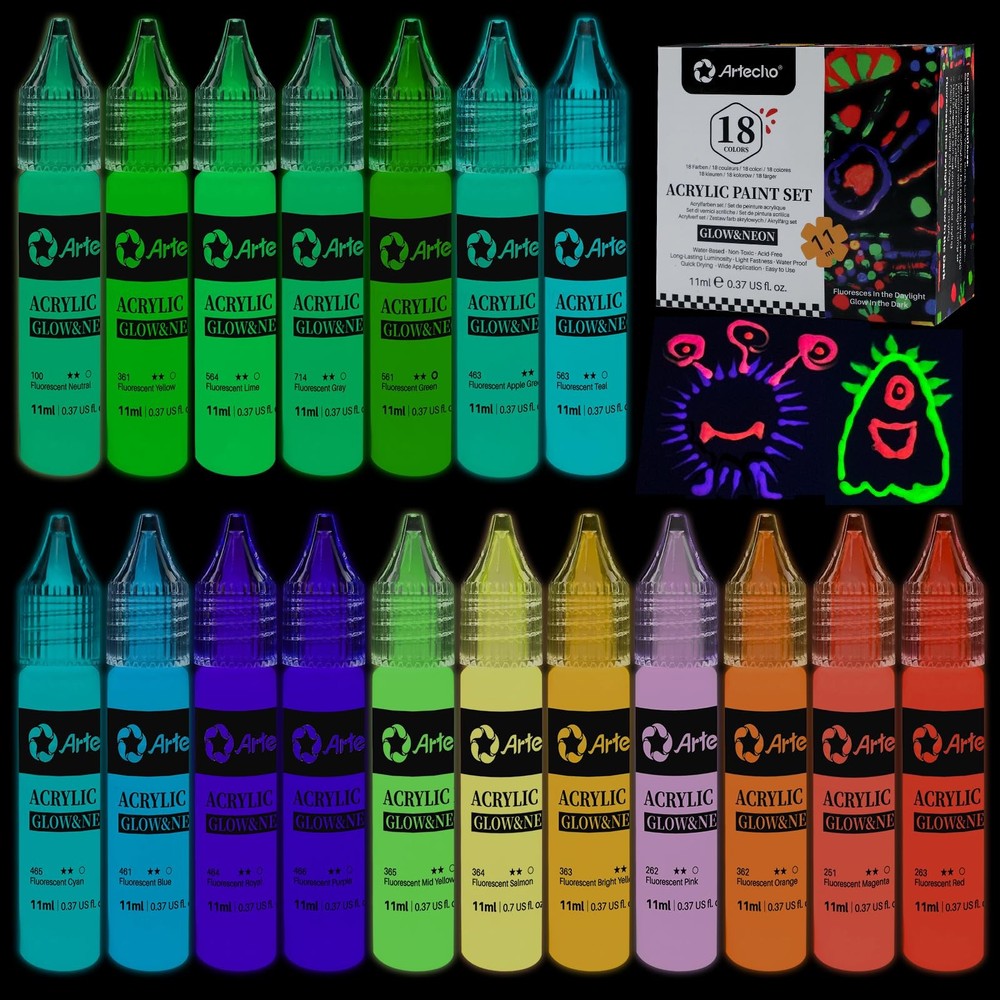 Artecho Glow in the Dark Paint 18 6.7 Fl Oz (Pack of 1), Glow&Neon-18 colors