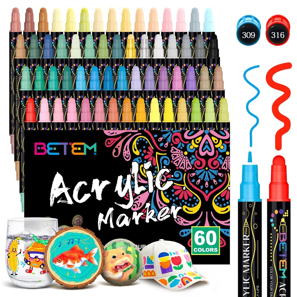 Betem 60 Colors Dual Tip Acrylic Paint Pens Markers, Premium Acrylic Paint Ma…