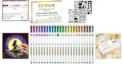 30 Pack Metallic Marker Pens: 24 Colors Fine Tip + 6 Stencils for Art Projects