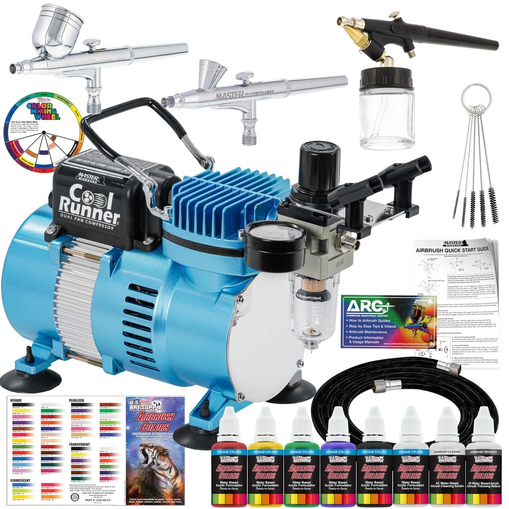 Master Airbrush Cool Runner II Air Brush Kit with Air Compressor Dual Fan, 3