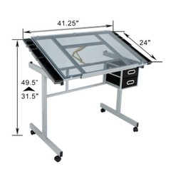 Adjustable Rolling Drawing Drafting Table Tempered Work Station Glass Art Craft
